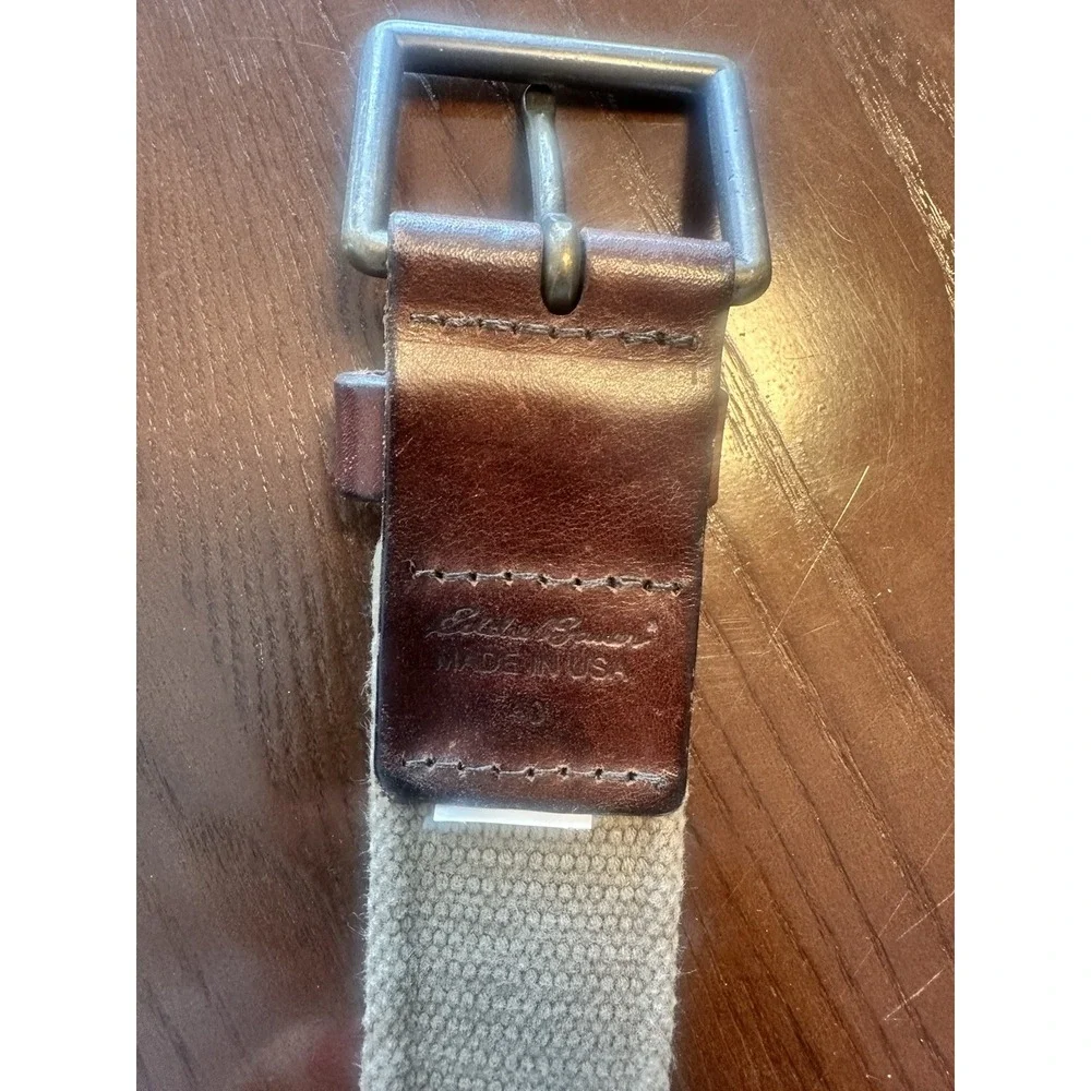 Eddie Bauer Worn Brown/Beige Canvas & Leather Belt -‎ Men's Size 40